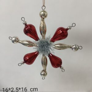 Red Glass Bead Starburst Christmas Ornament 16cm, Beaded Snowflake Holiday Tree Decoration