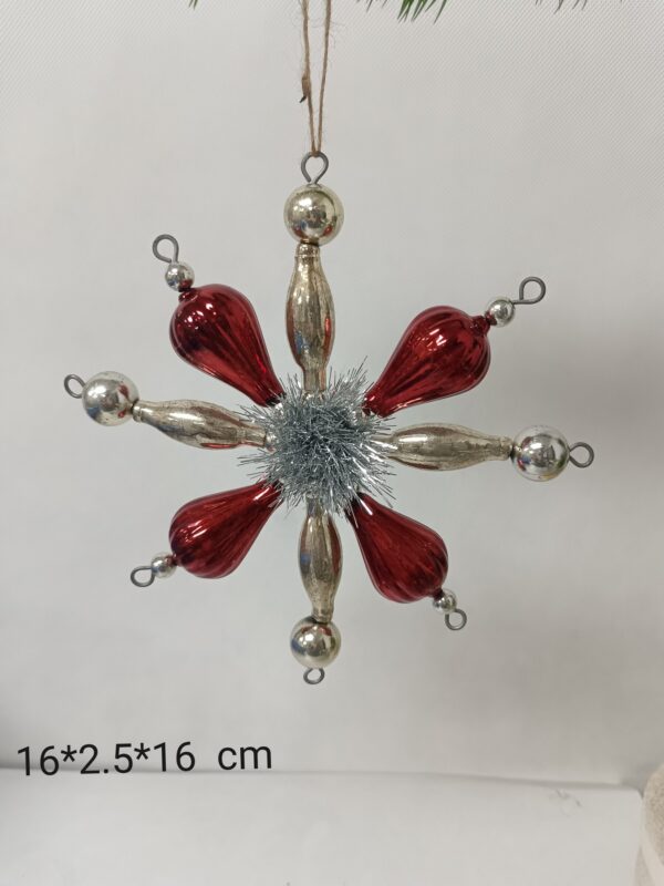 Red Glass Bead Starburst Christmas Ornament 16cm, Beaded Snowflake Holiday Tree Decoration