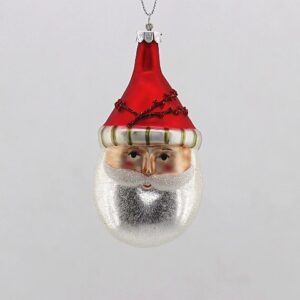 Red Glass Santa Head Christmas Ornament with White Beard, Glitter Holiday Tree Hanging Decor