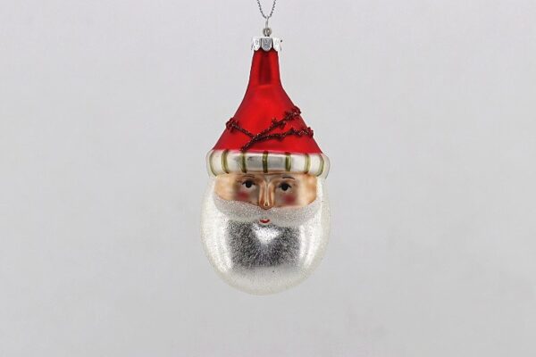 Red Glass Santa Head Christmas Ornament with White Beard, Glitter Holiday Tree Hanging Decor