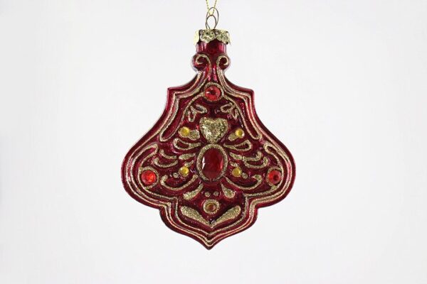 Red Gold Embossed Glass Christmas Ornament, Arabesque Victorian Style Tree Hanging Decoration