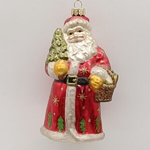 Santa Claus Glass Ornament with Basket and Tree, Red Glitter Christmas Tree Figure Decoration