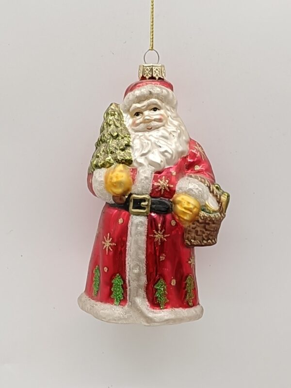 Santa Claus Glass Ornament with Basket and Tree, Red Glitter Christmas Tree Figure Decoration