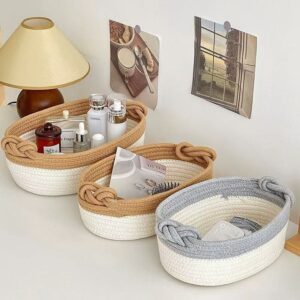 Oval Woven Cotton Rope Storage Trays, Small Rope Organizer Baskets with Handles for Tabletop and Vanity, Wholesale
