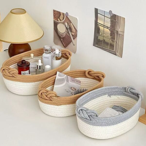 Oval Woven Cotton Rope Storage Trays, Small Rope Organizer Baskets with Handles for Tabletop and Vanity, Wholesale