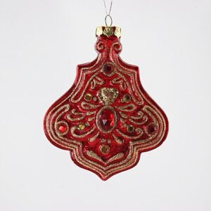Red and Gold Arabesque Glass Christmas Ornament, Embossed Victorian Style Tree Hanging Decor