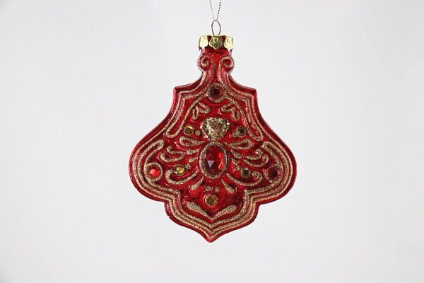 Red and Gold Arabesque Glass Christmas Ornament, Embossed Victorian Style Tree Hanging Decor