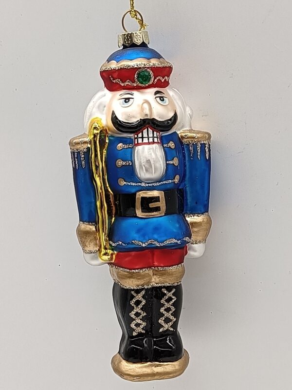 Blue and Gold Nutcracker Glass Christmas Ornament, Hand Painted Soldier Tree Hanging Decoration