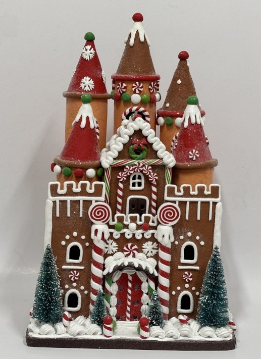 Gingerbread Castle Christmas Village Figurine, Frosted Candy Clay Christmas Tabletop Decor