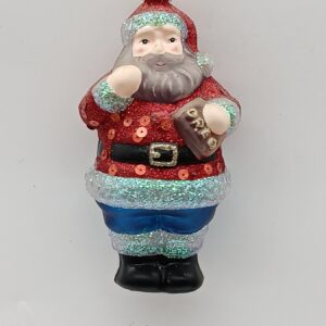 Santa Claus Glass Christmas Ornament with Cupcake, Red Blue Glitter Holiday Tree Figure Decor