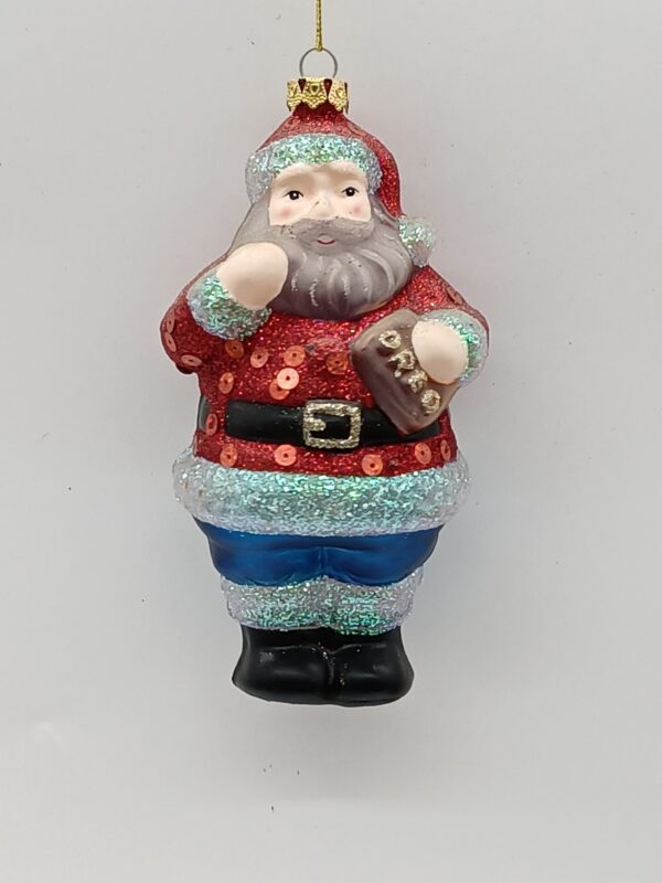 Santa Claus Glass Christmas Ornament with Cupcake, Red Blue Glitter Holiday Tree Figure Decor