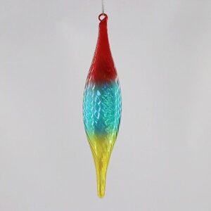 Tri Color Rainbow Glass Finial Ornament, Red Teal Yellow Blown Glass Christmas Hanging Decor