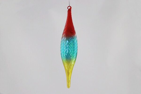 Tri Color Rainbow Glass Finial Ornament, Red Teal Yellow Blown Glass Christmas Hanging Decor
