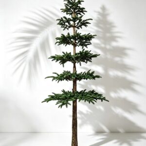 Faux Layered Pine Tree with Natural Bark Trunk, Slim Pencil Christmas Tree, Modern Indoor Decor for Living Room