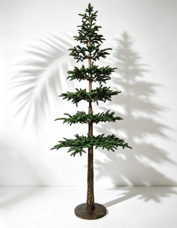 Faux Layered Pine Tree with Natural Bark Trunk, Slim Pencil Christmas Tree, Modern Indoor Decor for Living Room
