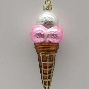 Pink Ice Cream Cone Glass Christmas Ornament, Pastel Glitter Sweet Treat Christmas Tree Decor