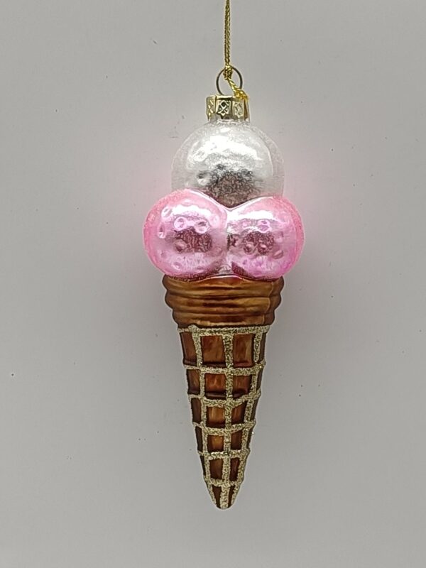 Pink Ice Cream Cone Glass Christmas Ornament, Pastel Glitter Sweet Treat Christmas Tree Decor