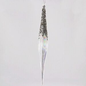 Iridescent Silver Glitter Glass Icicle Ornament, Sparkling Christmas Tree Hanging Decor