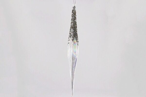 Iridescent Silver Glitter Glass Icicle Ornament, Sparkling Christmas Tree Hanging Decor