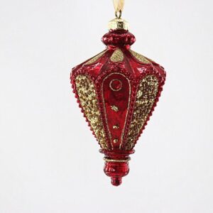Red and Gold Diamond Glass Christmas Ornament, Embossed Victorian Style Tree Hanging Decor