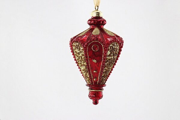 Red and Gold Diamond Glass Christmas Ornament, Embossed Victorian Style Tree Hanging Decor
