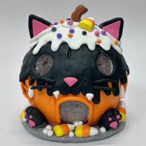 Halloween Black Cat in Pumpkin Figurine, Clay Dough Cat Pumpkin Tabletop Halloween Decoration