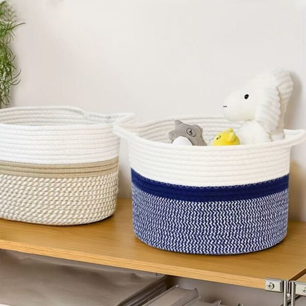 White and Navy Woven Rope Storage Baskets, Two-Tone Cotton Rope Organizer Bins for Kids Toys and Nursery Storage, Wholesale