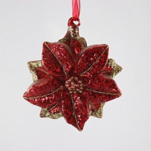 Red Velvet Poinsettia Glass Christmas Ornament, Gold Center Flower Holiday Tree Hanging Decor