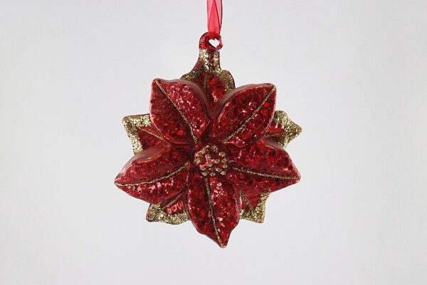 Red Velvet Poinsettia Glass Christmas Ornament, Gold Center Flower Holiday Tree Hanging Decor