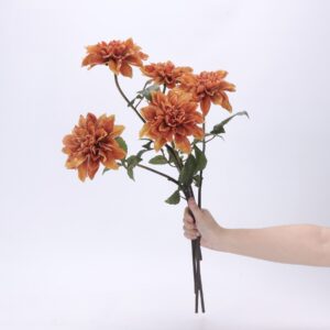 Peach Artificial Dahlia Bush 5 Heads, Faux Dinnerplate Dahlia Bouquet for Wedding Home Decor, Wholesale