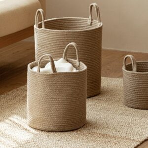 Woven Cotton Rope Basket Set, Round Storage Baskets with Handles for Living Room Toy and Towel Organization, Wholesale
