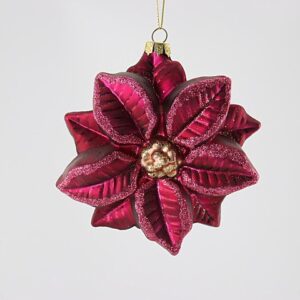Burgundy Red Poinsettia Glass Christmas Ornament, Velvet Flower Holiday Tree Hanging Decoration