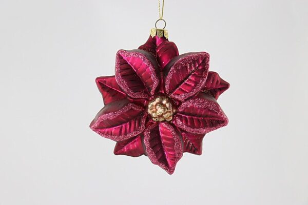 Burgundy Red Poinsettia Glass Christmas Ornament, Velvet Flower Holiday Tree Hanging Decoration