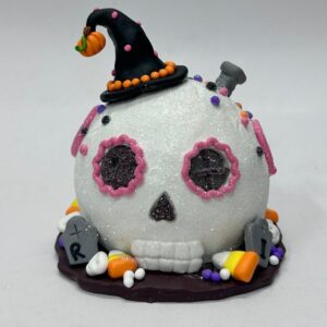 Halloween Clay Skull with Witch Hat, Sugar Skull Tabletop Decor with Candy Corn Wholesale