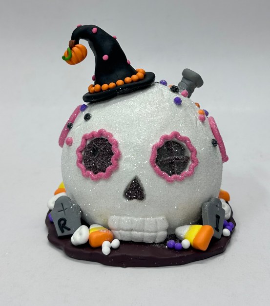 Halloween Clay Skull with Witch Hat, Sugar Skull Tabletop Decor with Candy Corn Wholesale
