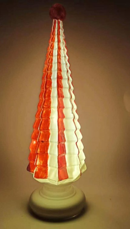 Red and Orange LED Glass Christmas Tree Decor, Light Up Striped Glass Holiday Tabletop Tree