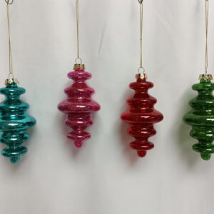 Set of 4 Small Glass Finial Christmas Ornaments, Teal Red Green Ribbed Vintage Tree Hanging Decor