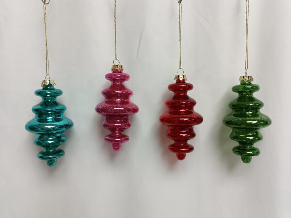 Set of 4 Small Glass Finial Christmas Ornaments, Teal Red Green Ribbed Vintage Tree Hanging Decor