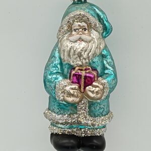 Teal Blue Santa Claus Glass Ornament with Gift Box, Glitter Trim Christmas Tree Figure Decor
