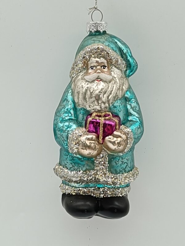 Teal Blue Santa Claus Glass Ornament with Gift Box, Glitter Trim Christmas Tree Figure Decor