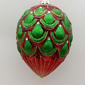 Red and Green Pinecone Pattern Glass Teardrop Ornament, Embossed Christmas Tree Drop Decor