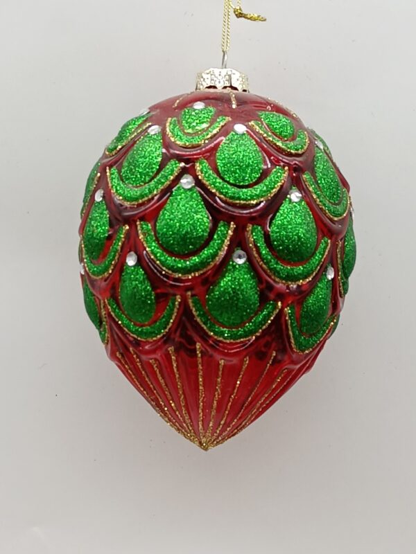 Red and Green Pinecone Pattern Glass Teardrop Ornament, Embossed Christmas Tree Drop Decor