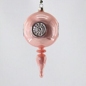 Pink Glass Lantern Finial Ornament with Reflective Disk, Vintage Christmas Tree Hanging Decor