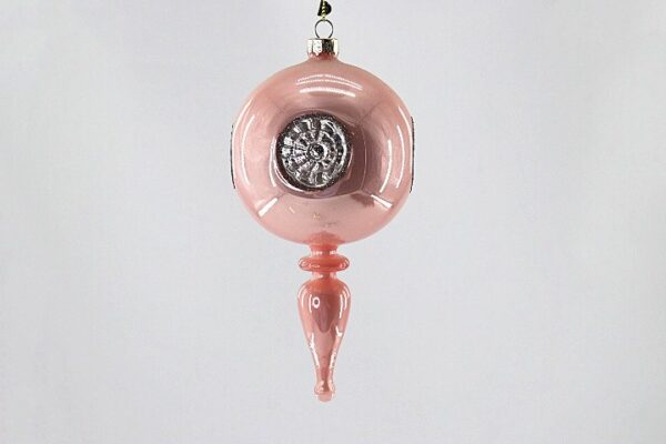 Pink Glass Lantern Finial Ornament with Reflective Disk, Vintage Christmas Tree Hanging Decor