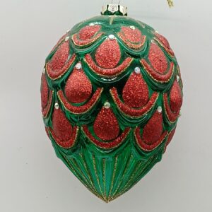 Red and Green Pinecone Scale Glass Teardrop Ornament, Embossed Christmas Tree Drop Decor
