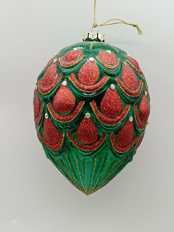 Red and Green Pinecone Scale Glass Teardrop Ornament, Embossed Christmas Tree Drop Decor