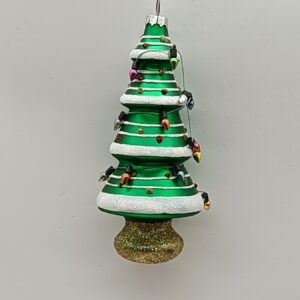 Green Layered Glass Christmas Tree Ornament with Gold Base, Hand Painted Holiday Tree Decor