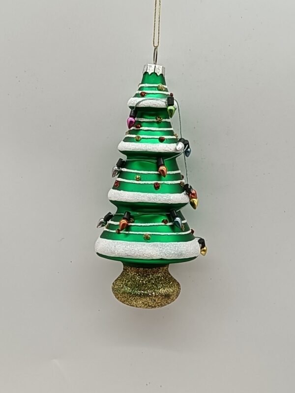 Green Layered Glass Christmas Tree Ornament with Gold Base, Hand Painted Holiday Tree Decor