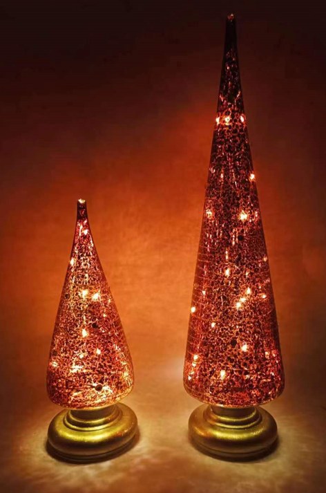 Set of 2 Light Up Red Glass Christmas Trees, LED Battery Operated Holiday Tabletop Decoration