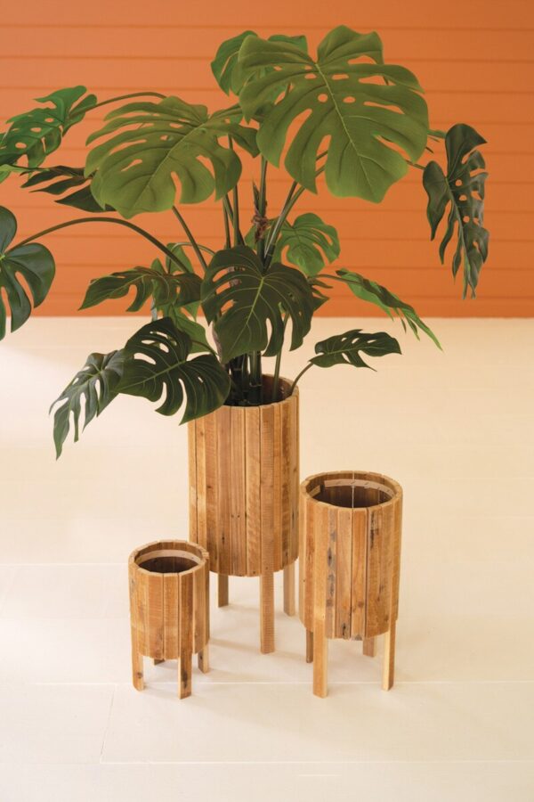 Set of 3 Round Recycled Slatted Wood Planters